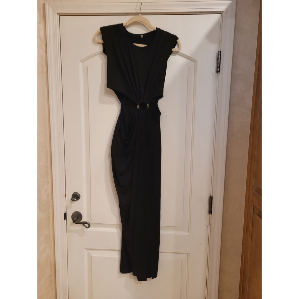 Black O-Ring Cutout Maxi Dress Sleeveless Side Slit Ruched Jersey Gown Small